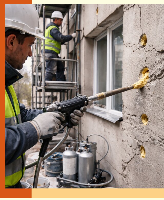 Заполнение пустот в фасаде и утепление стен в Сергиевом Посаде